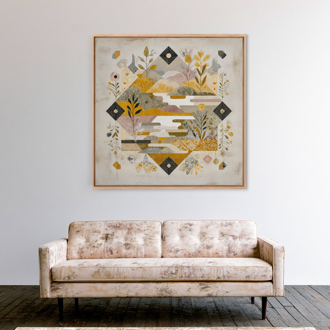 Earth Tone Mountain and River Abstraction Framed Canvas Print, Boho Art, Art Nouveau, Living Room Decor, Fine Art, Bohemian, BOH-1x1-11