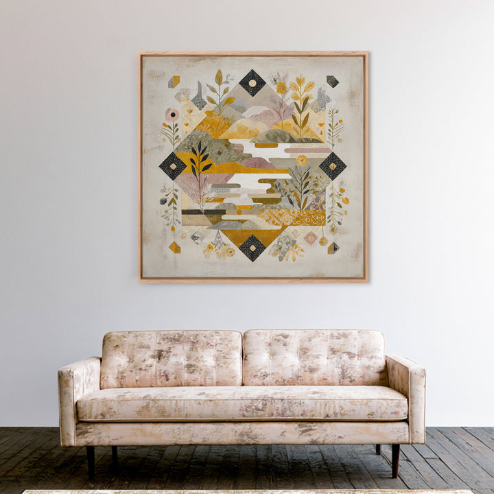 Earth Tone Mountain and River Abstraction Framed Canvas Print, Boho Art, Art Nouveau, Living Room Decor, Fine Art, Bohemian, BOH-1x1-11
