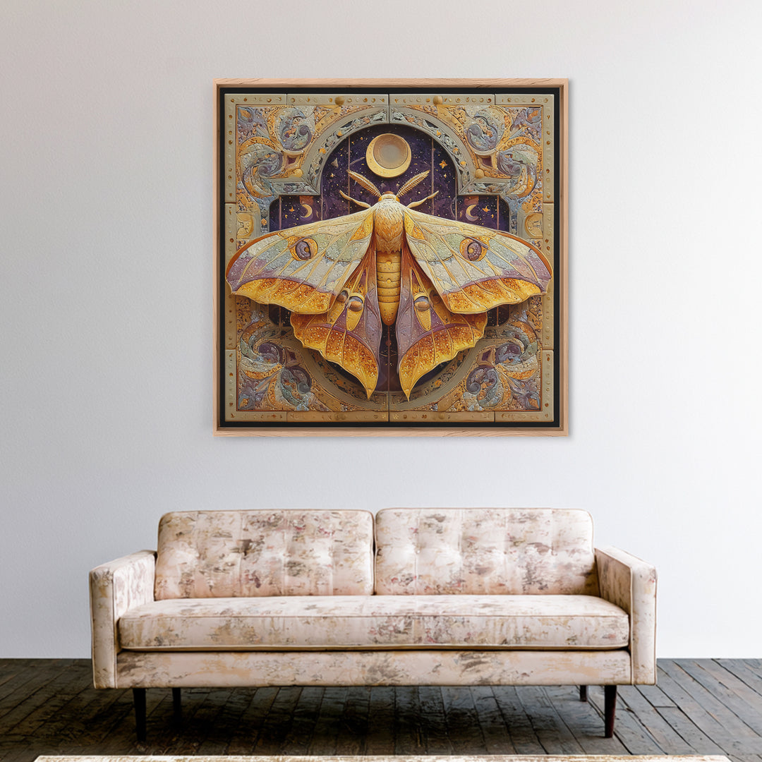 Golden Moth with Moon and Stars Canvas Print, Boho Art, Luxury Decor, Living Room Decor, Fine Art, Bohemian, Digital Art, BOH-1x1-17