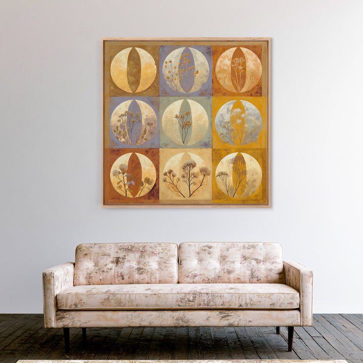 Moon Phases Above Botanical Silhouettes Framed Canvas Print, Boho Art, Boho Decor, Living Room Decor, Oil Painting, Bohemian, BOH-1x1-2
