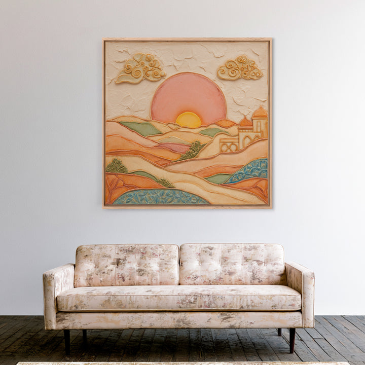 Sunrise over Rolling Dunes in Muted Peach Framed Canvas Print, Boho Art, Room Decor, Living Room Decor, Fine Art, Bohemian, BOH-1x1-21