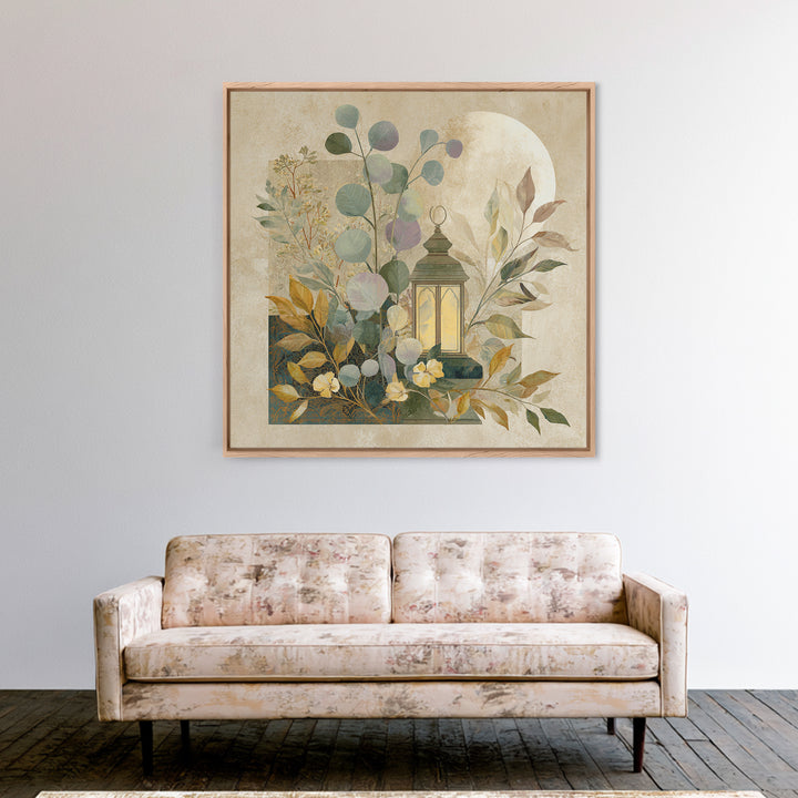 Sage Green Eucalyptus and Crescent Moon Canvas Print, Boho Art, Art Deco, Living Room Decor, Bohemian, Modern Wall Art, BOH-1x1-23