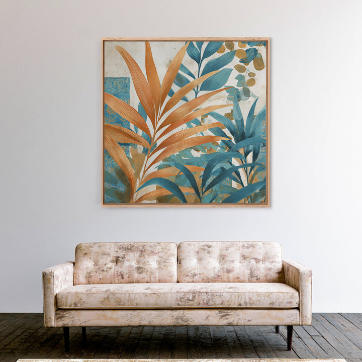 Terracotta Palm Leaves Framed Canvas Print, Boho Art, Wall Decor, Living Room Decor, Fine Art, Bohemian, Art Nouveau, BOH-1x1-29