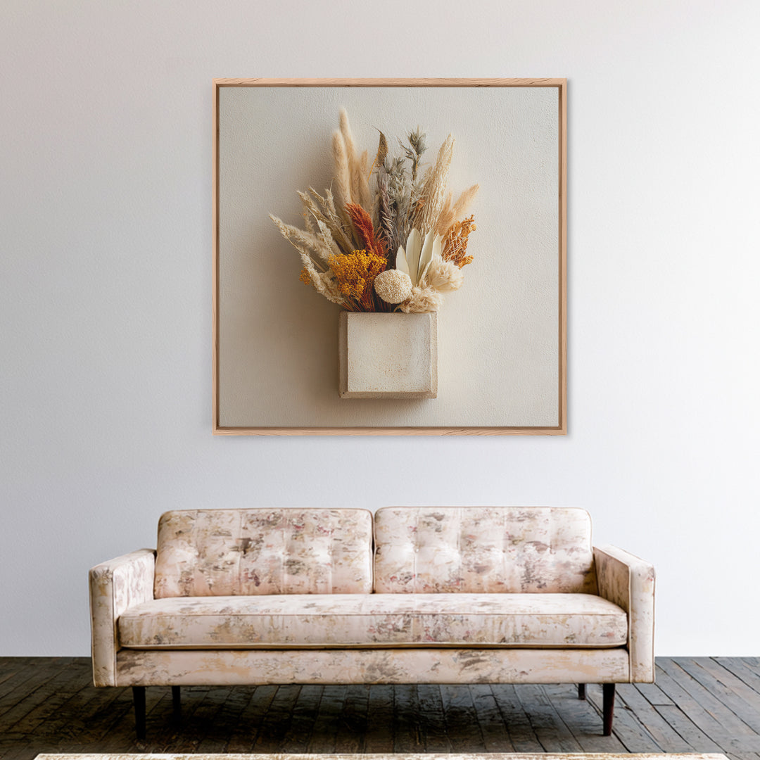 Bohemian Vase with Dried Pampas Grass Framed Canvas Print, Boho Art, Prints, Living Room Decor, Abstract Art, Bohemian, BOH-1x1-33
