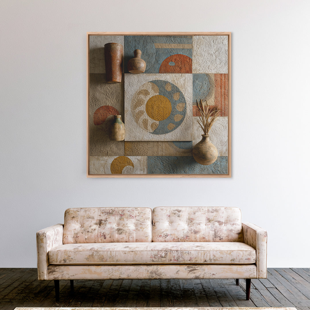 Sun and Moon Celestial Folk Motif Framed Canvas Print, Boho Art, Fine Art Print, Living Room Decor, Watercolor Art, Bohemian, BOH-1x1-34