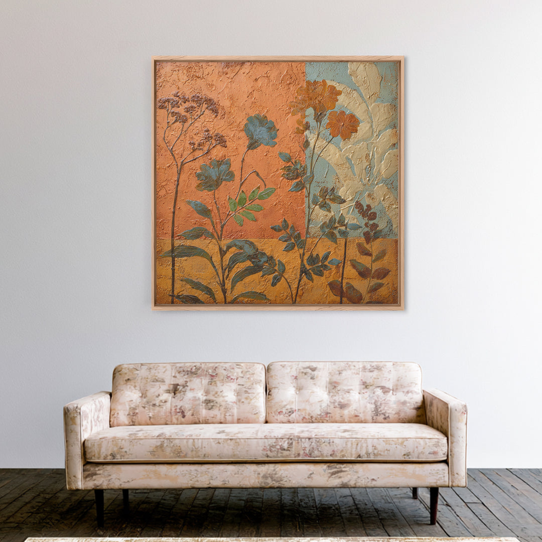 Burnt Orange Floral Field at Sunset Framed Canvas Print, Boho Art, Contemporary Art, Living Room Decor, Fine Art, Bohemian, BOH-1x1-37