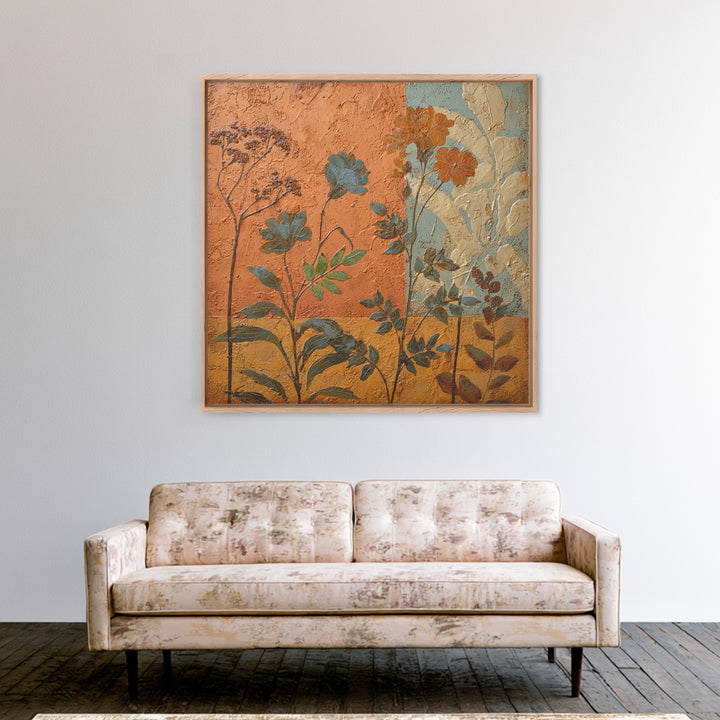 Burnt Orange Floral Field at Sunset Framed Canvas Print, Boho Art, Contemporary Art, Living Room Decor, Fine Art, Bohemian, BOH-1x1-37