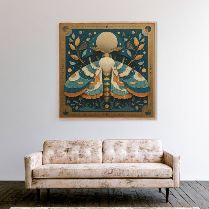 Golden Moth with Moon and Stars Framed Canvas Print, Boho Art, Wall Art, Living Room Decor, Fine Art, Bohemian, Art Deco, BOH-1x1-41