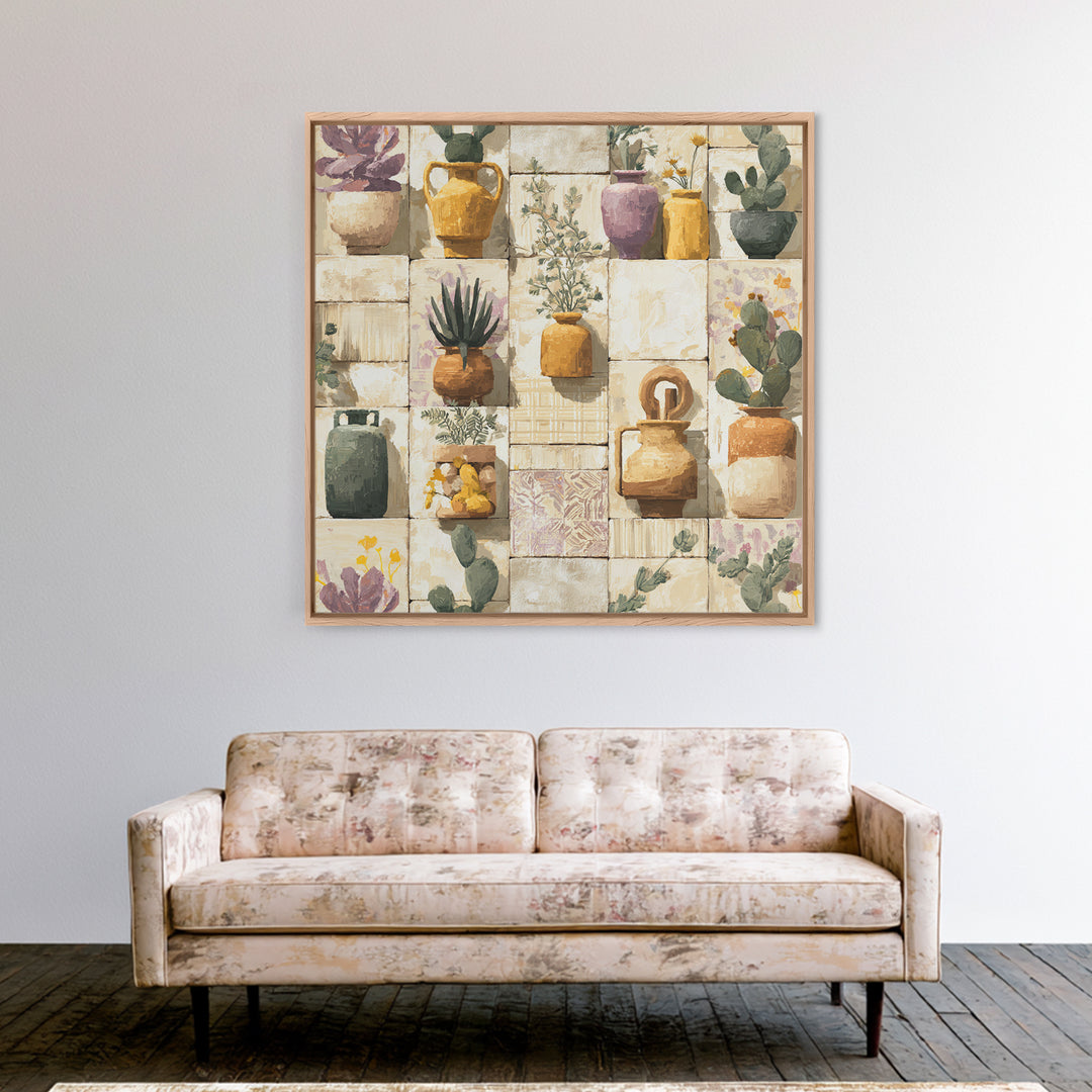 Warm Neutral Cactus Garden Illustration Framed Canvas Print, Boho Art, Wall Art Set, Living Room Decor, Fine Art, Bohemian, BOH-1x1-42