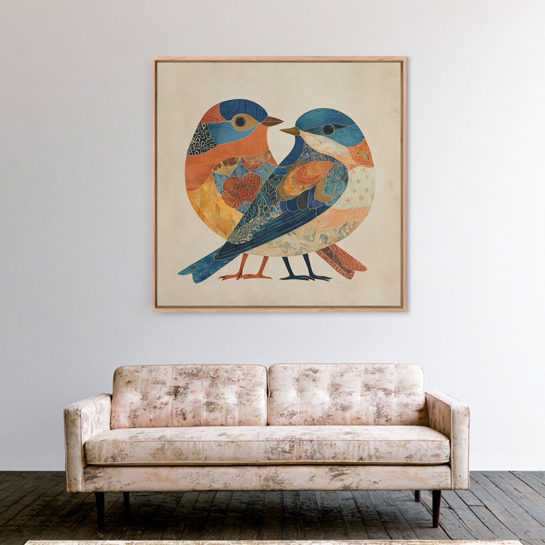 Boho Bird Pair Framed Canvas Print, Boho Art, Digital Wall Art, Living Room Decor, Bohemian, Garden Art, Wall Art Print, BOH-1x1-44