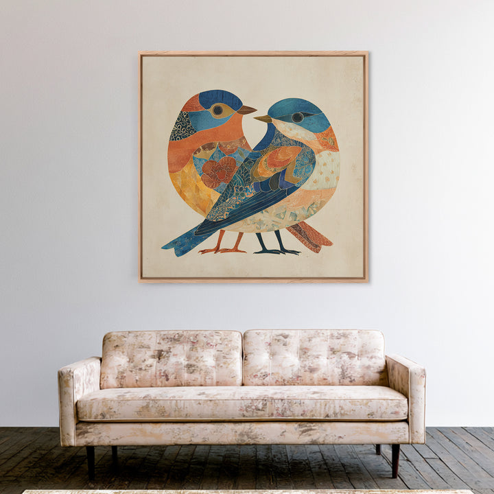Boho Bird Pair Framed Canvas Print, Boho Art, Digital Wall Art, Living Room Decor, Bohemian, Garden Art, Wall Art Print, BOH-1x1-44