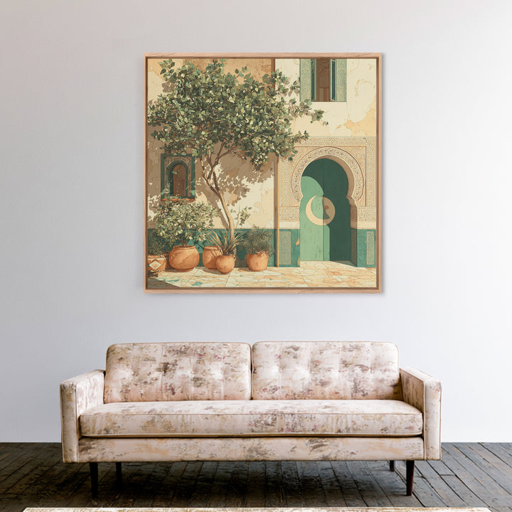 Sage Green Eucalyptus and Crescent Moon Framed Canvas Print, Boho Art, Digital Print, Living Room Decor, Fine Art, Bohemian, BOH-1x1-47