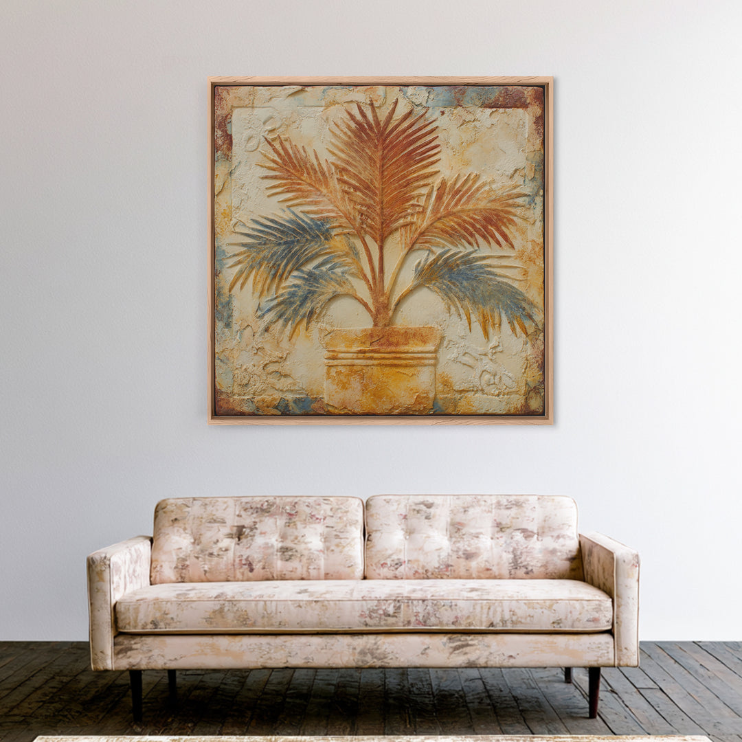 Terracotta Palm Leaves Framed Canvas Print, Boho Art, Wall Decor, Living Room Decor, Fine Art, Bohemian, Art Nouveau, BOH-1x1-53