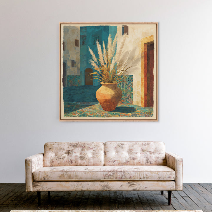 Bohemian Vase with Dried Pampas Grass Framed Canvas Print, Boho Art, Prints, Living Room Decor, Abstract Art, Bohemian, BOH-1x1-57