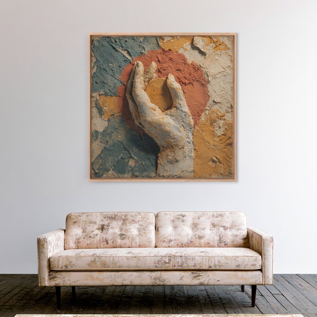 Mystic Hand Holding a Tiny Sun Framed Canvas Print, Boho Art, Living Room Wall Art, Living Room Decor, Watercolor Art, Bohemian, BOH-1x1-6