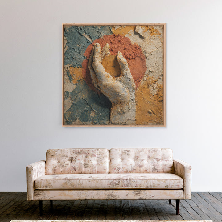 Mystic Hand Holding a Tiny Sun Framed Canvas Print, Boho Art, Living Room Wall Art, Living Room Decor, Watercolor Art, Bohemian, BOH-1x1-6