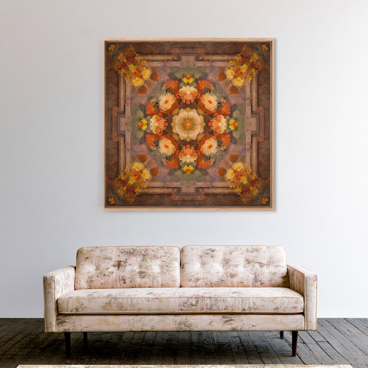 Burnt Orange Floral Field at Sunset Framed Canvas Print, Boho Art, Contemporary Art, Living Room Decor, Fine Art, Bohemian, BOH-1x1-61