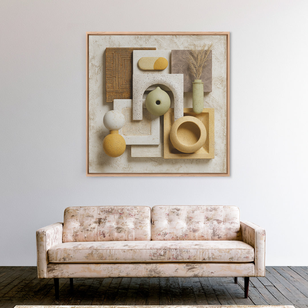 Abstract Clay Shapes Framed Canvas Print, Boho Art, Printable Art, Living Room Decor, Abstract Art, Bohemian, Neutral Decor, BOH-1x1-64
