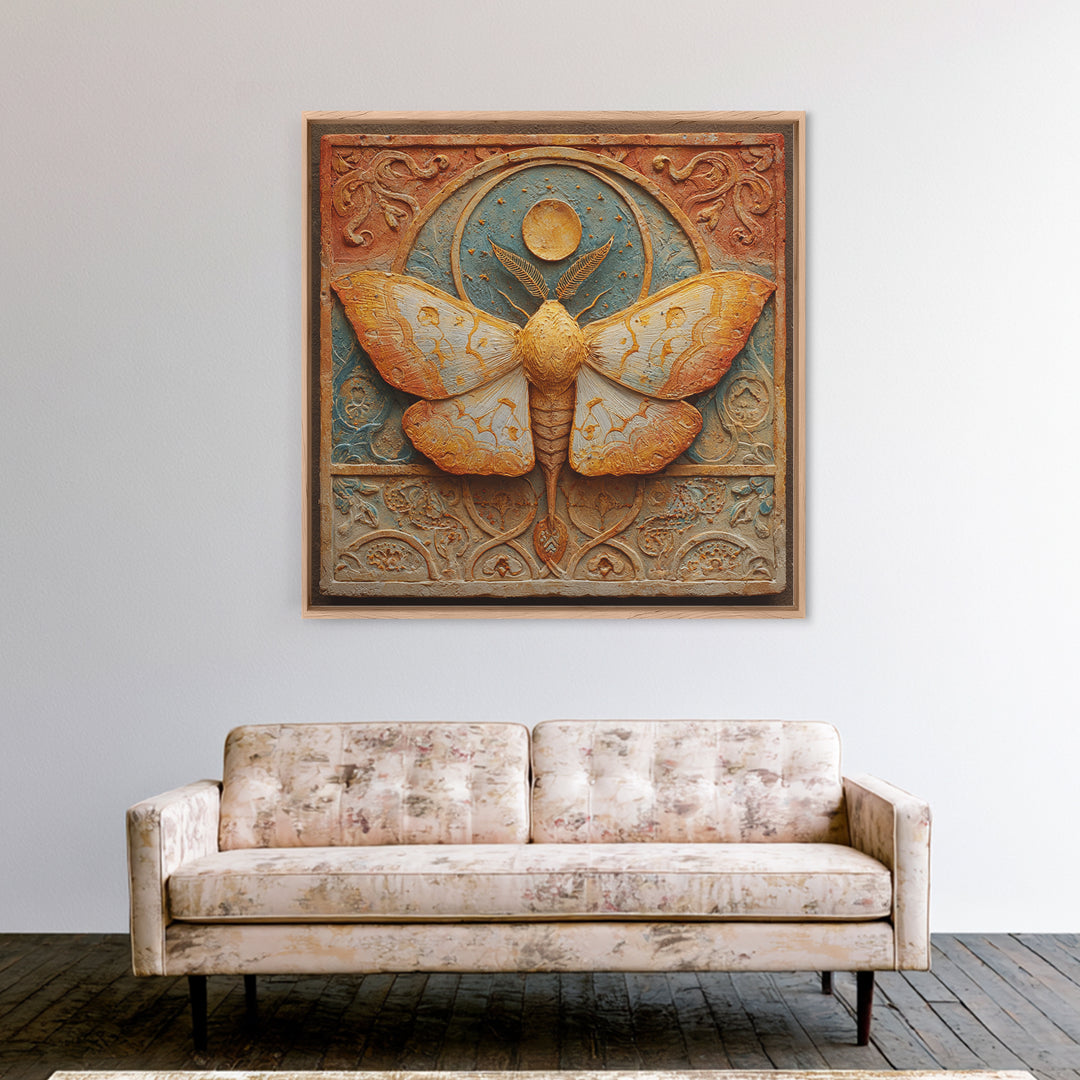Golden Moth with Moon and Stars Framed Canvas Print, Boho Art, Wall Art, Living Room Decor, Fine Art, Bohemian, Art Deco, BOH-1x1-65
