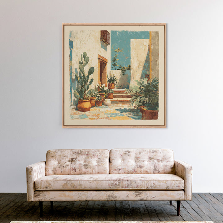 Warm Neutral Cactus Garden Illustration Framed Canvas Print, Boho Art, Wall Art Set, Living Room Decor, Fine Art, Bohemian, BOH-1x1-66