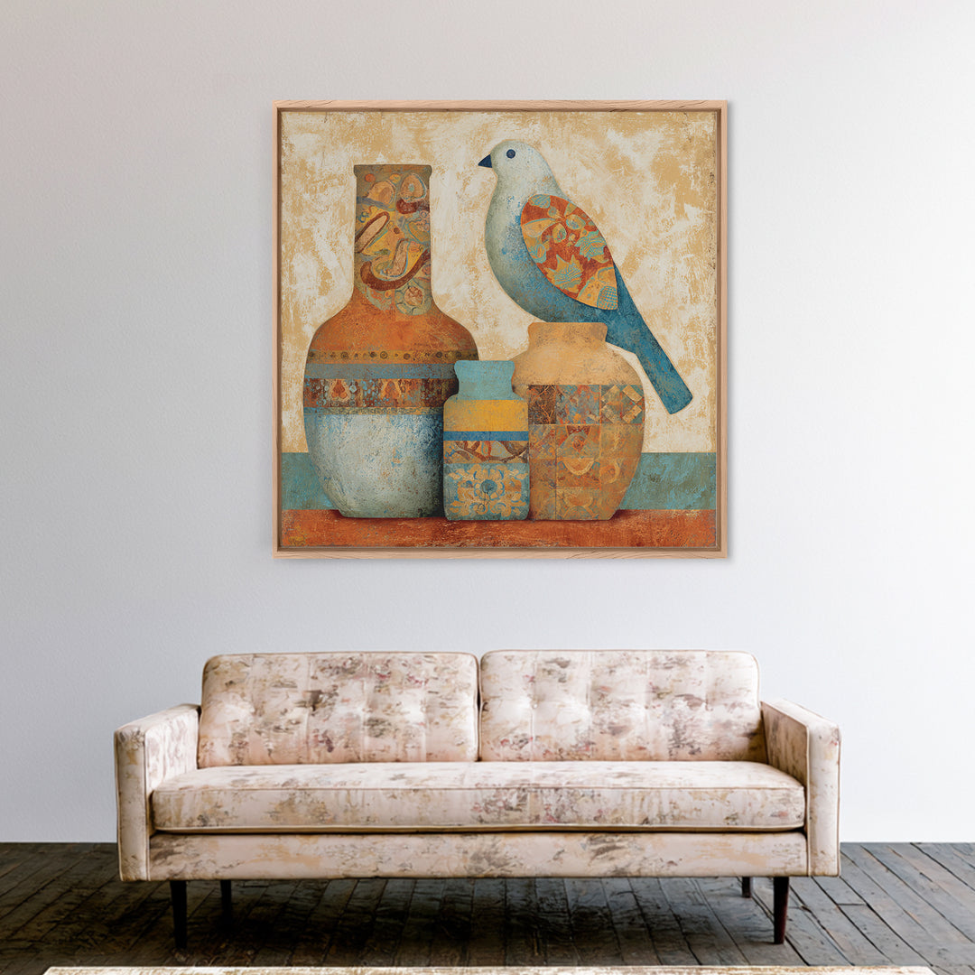 Boho Bird Pair Framed Canvas Print, Boho Art, Boho Wall Art, Living Room Decor, Fine Art, Bohemian, Statement Artwork, BOH-1x1-68