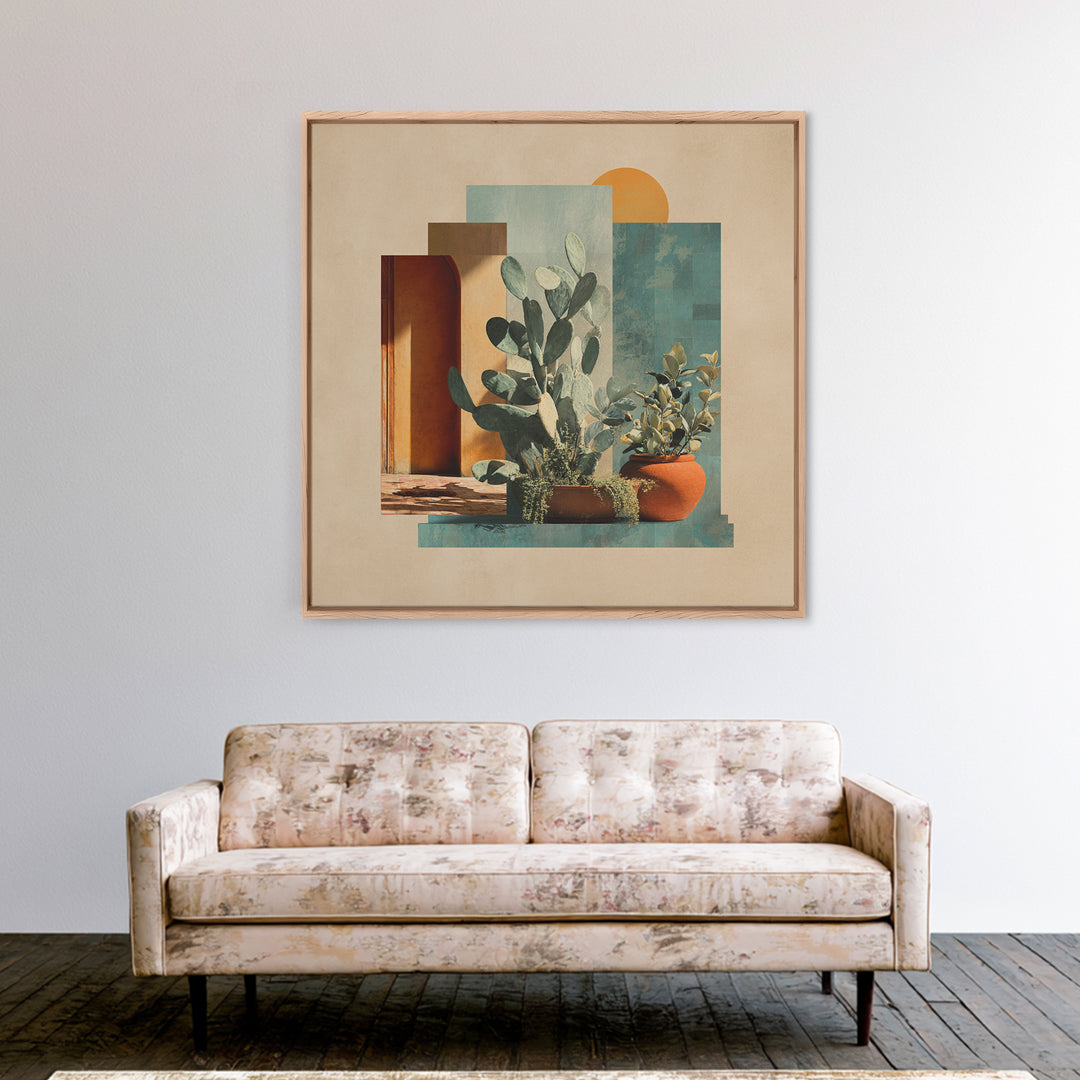 Desert Sun with Cactus and Warm Clay Framed Canvas Print, Boho Art, Printable, Living Room Decor, Watercolor Art, Bohemian, BOH-1x1-73
