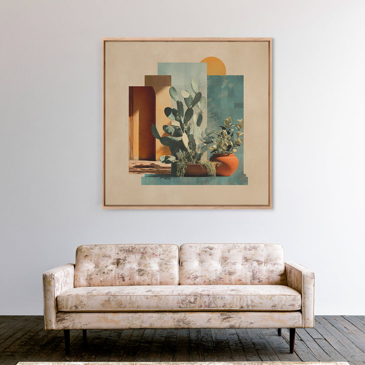 Desert Sun with Cactus and Warm Clay Framed Canvas Print, Boho Art, Printable, Living Room Decor, Watercolor Art, Bohemian, BOH-1x1-73