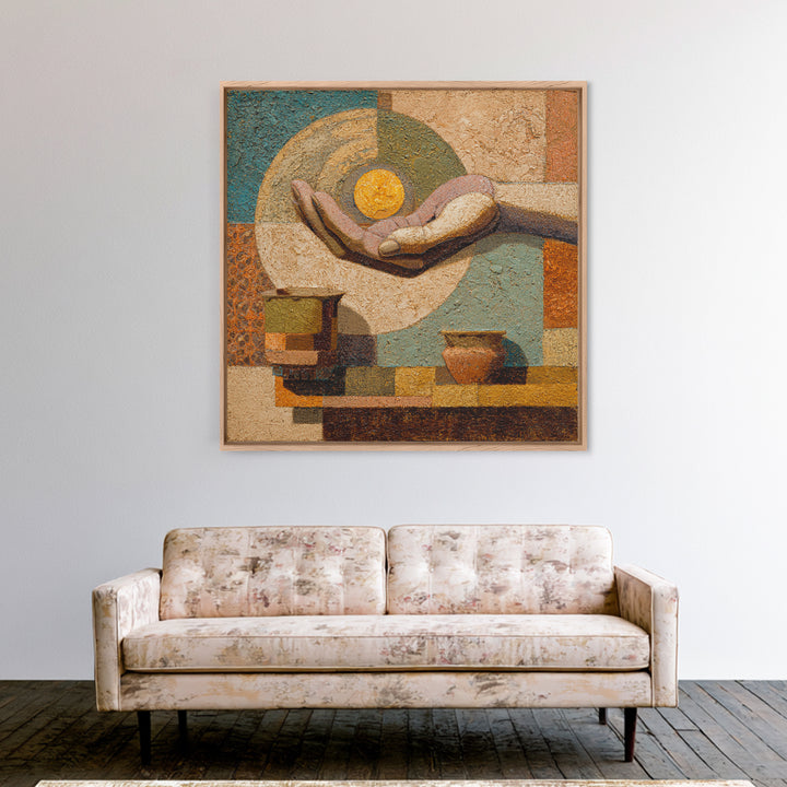 Mystic Hand Holding a Tiny Sun Framed Canvas Print, Boho Art, Textured Painting, Living Room Decor, Fine Art, Bohemian, BOH-1x1-78