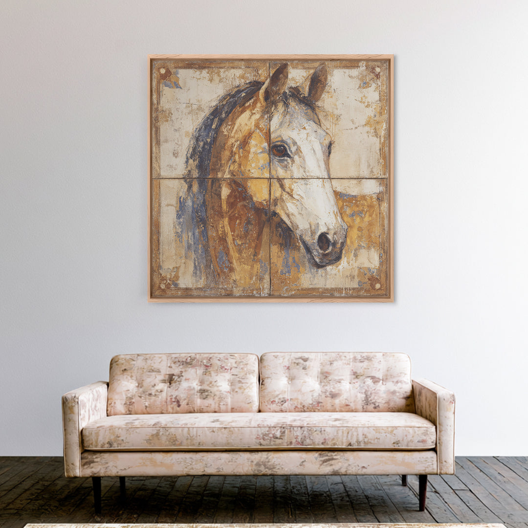 Wild Horse in Dusty Golden Light Framed Canvas Print, Boho Art, Statement Artwork, Living Room Decor, Fine Art, Bohemian, BOH-1x1-80