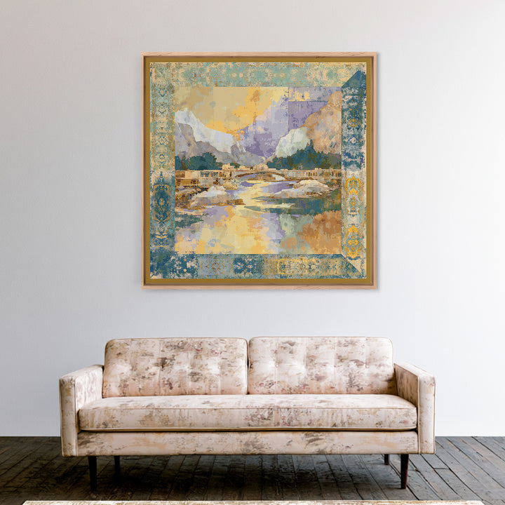 Earth Tone Mountain and River Abstraction Framed Canvas Print, Boho Art, Living Room Decor, Oil Painting, Bohemian, BOH-1x1-83