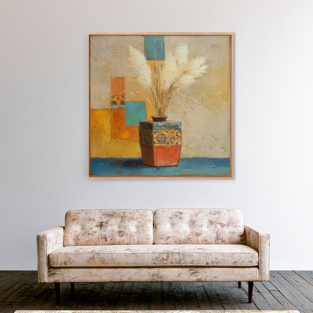 Bohemian Vase with Dried Pampas Grass Canvas Print, Boho Art, Minimalist Decor, Living Room Decor, Fine Art, Bohemian, BOH-1x1-9