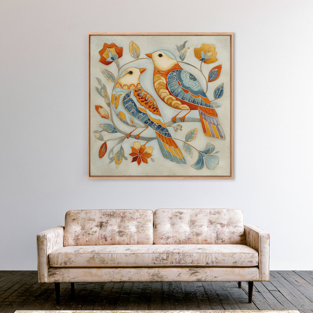 Boho Bird Pair Canvas Print, Boho Art, Wall Print, Living Room Decor, Fine Art, Bohemian, Minimalist Decor, Contemporary Art, BOH-1x1-92