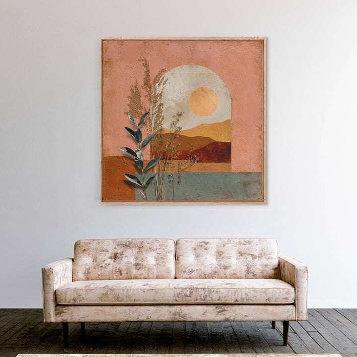 Sunrise over Rolling Dunes in Muted Peach Framed Canvas Print, Boho Art, Digital Art, Living Room Decor, Oil Painting, Bohemian, BOH-1x1-93