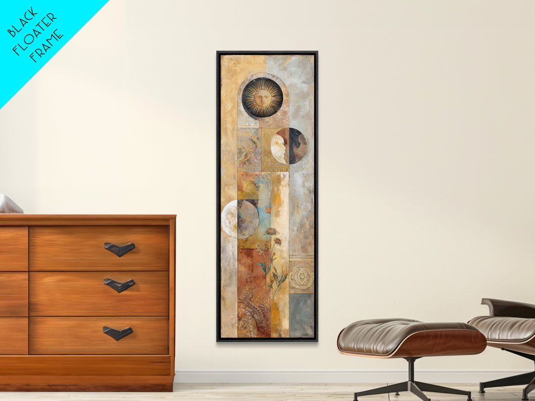 Sun and Moon Celestial Folk Motif Framed Canvas Print, Boho Art, Room Decor, Living Room Decor, Fine Art, Bohemian, Printable, BOH-1x3-46