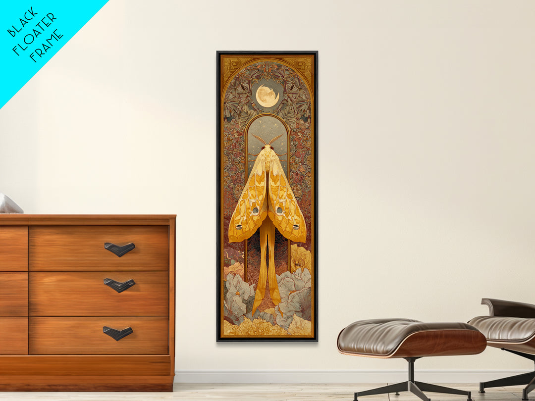 Golden Moth with Moon and Stars Canvas Print, Boho Art, Minimalist Decor, Living Room Decor, Bohemian, Digital Wall Art, BOH-1x3-5