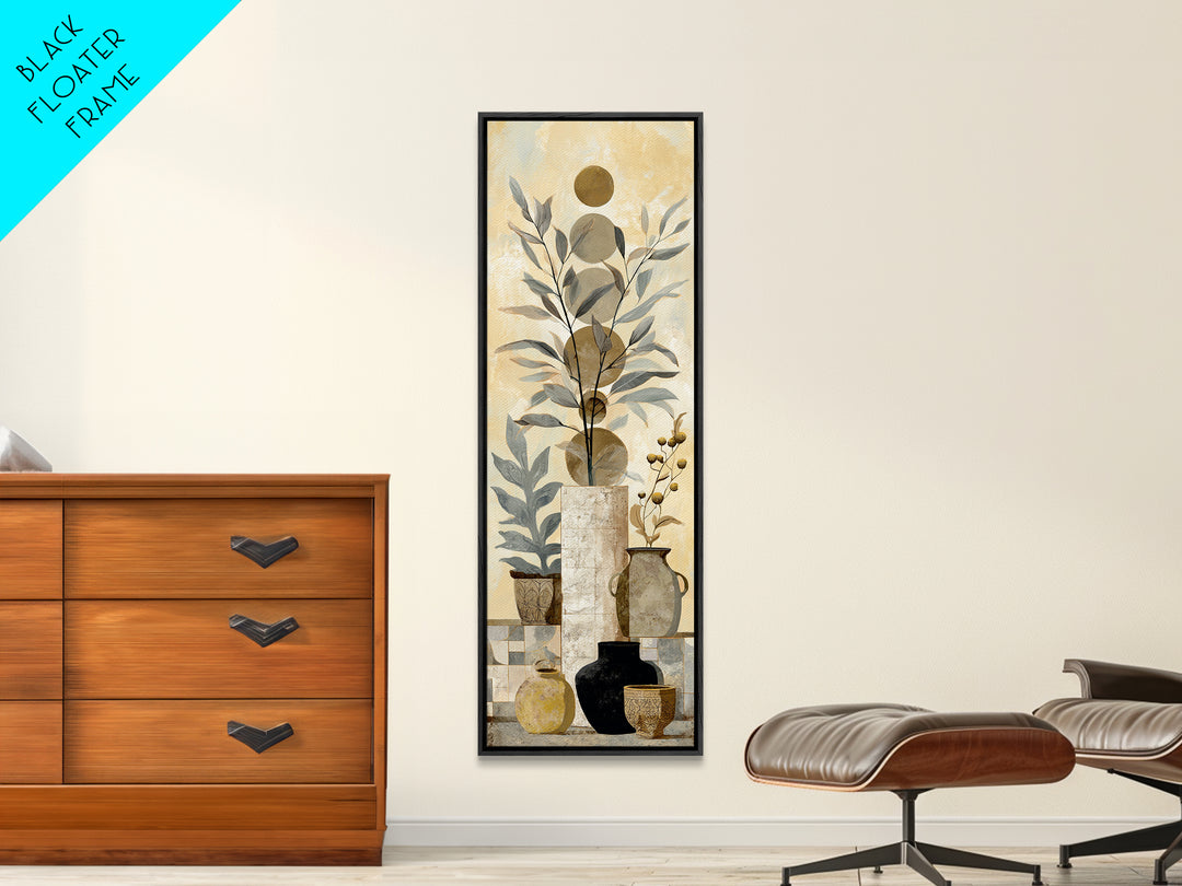 Moon Phases Above Botanical Silhouettes Framed Canvas Print, Boho Art, Living Room Decor, Oil Painting, Bohemian, BOH-1x3-62