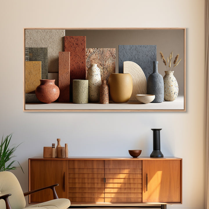 Abstract Clay Shapes Framed Canvas Print, Boho Art, Textured Painting, Living Room Decor, Abstract Art, Bohemian, BOH-2x1-12