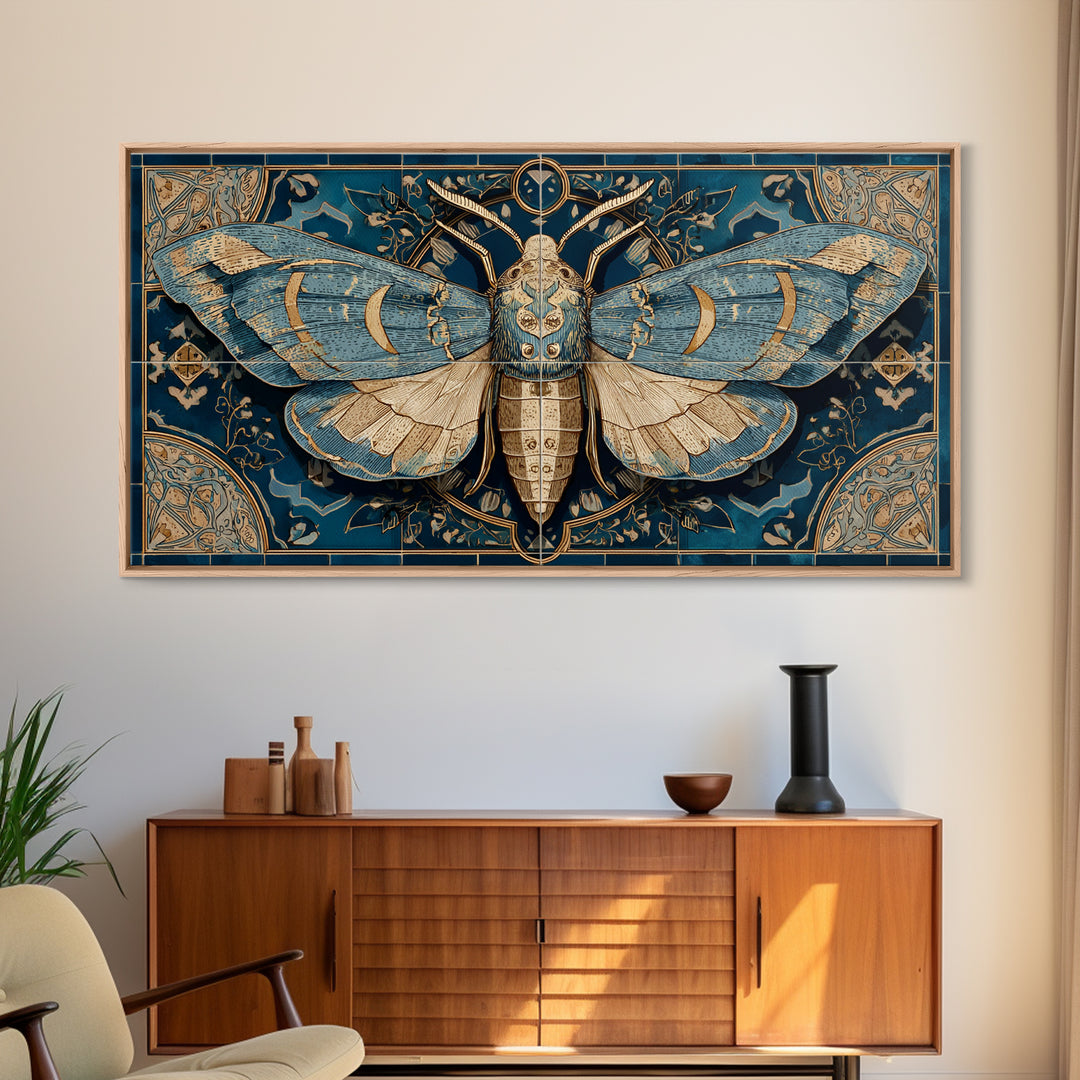 Golden Moth with Moon and Stars Framed Canvas Print, Boho Art, Boho, Living Room Decor, Fine Art, Bohemian, Wall Art Print, BOH-2x1-13