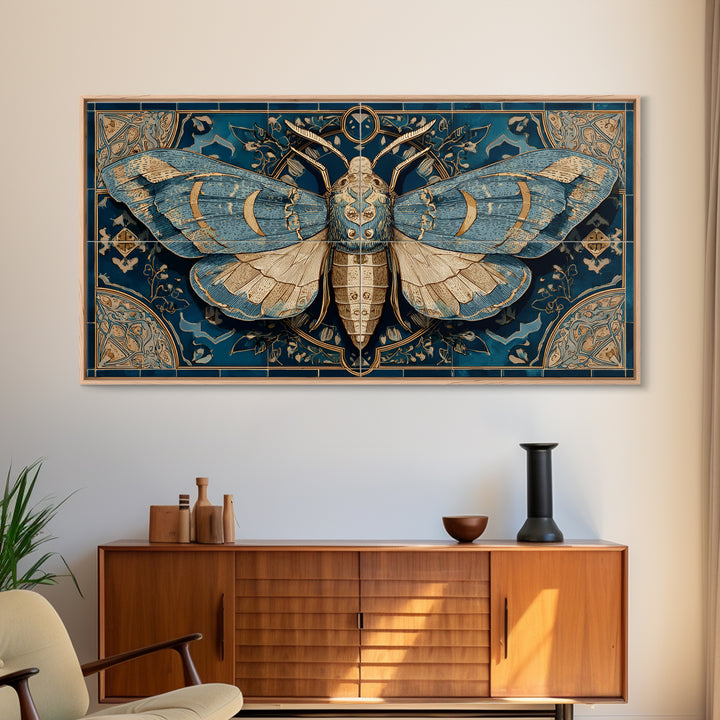 Golden Moth with Moon and Stars Framed Canvas Print, Boho Art, Boho, Living Room Decor, Fine Art, Bohemian, Wall Art Print, BOH-2x1-13