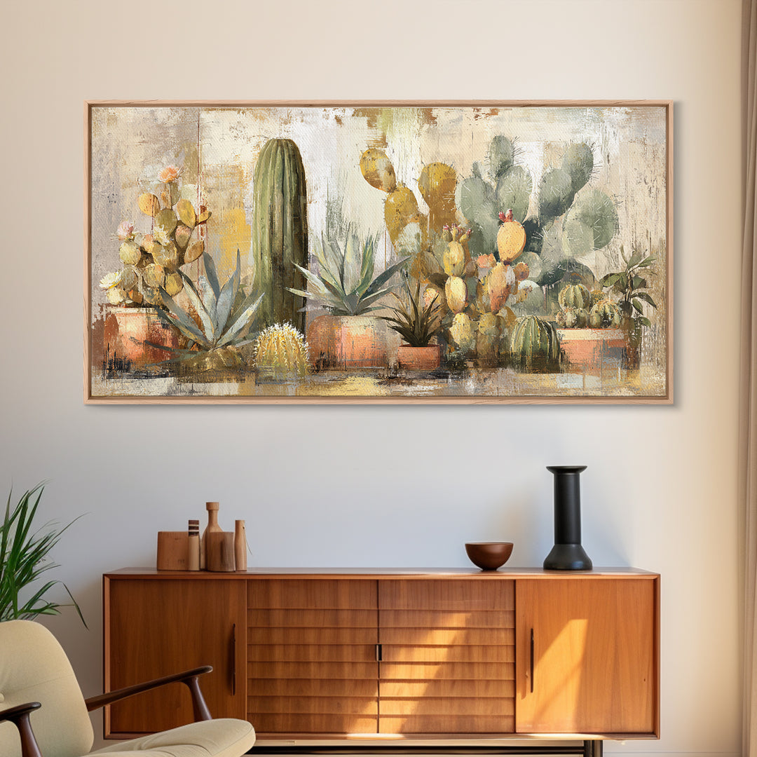 Warm Neutral Cactus Garden Illustration Framed Canvas Print, Boho Art, Living Room Decor, Watercolor Art, Bohemian, BOH-2x1-14