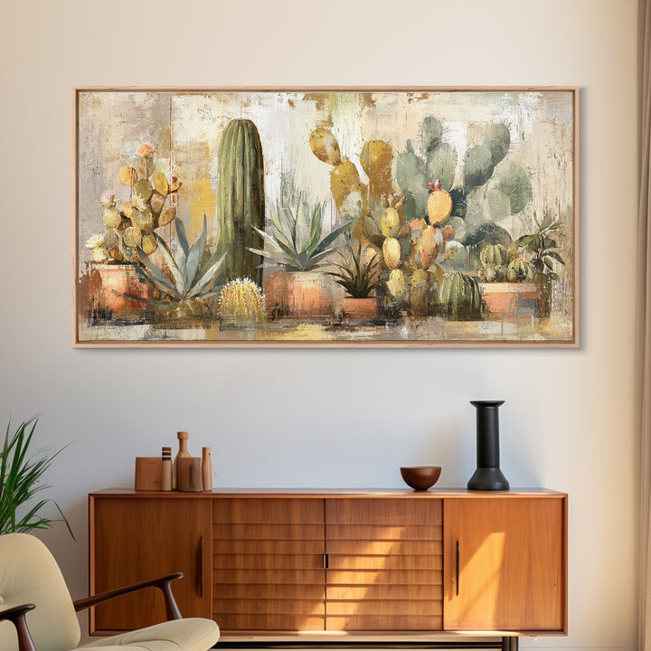 Warm Neutral Cactus Garden Illustration Framed Canvas Print, Boho Art, Living Room Decor, Watercolor Art, Bohemian, BOH-2x1-14