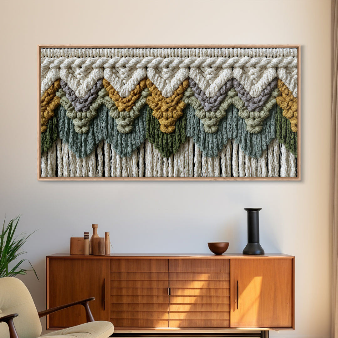 Macrame Geometric Fringe Pattern Framed Canvas Print, Boho Art, Room Decor, Living Room Decor, Fine Art, Bohemian, Printable, BOH-2x1-27