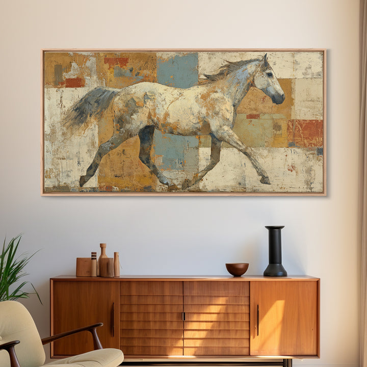 Wild Horse in Dusty Golden Light Framed Canvas Print, Boho Art, Wall Art, Living Room Decor, Fine Art, Bohemian, Art Deco, BOH-2x1-28