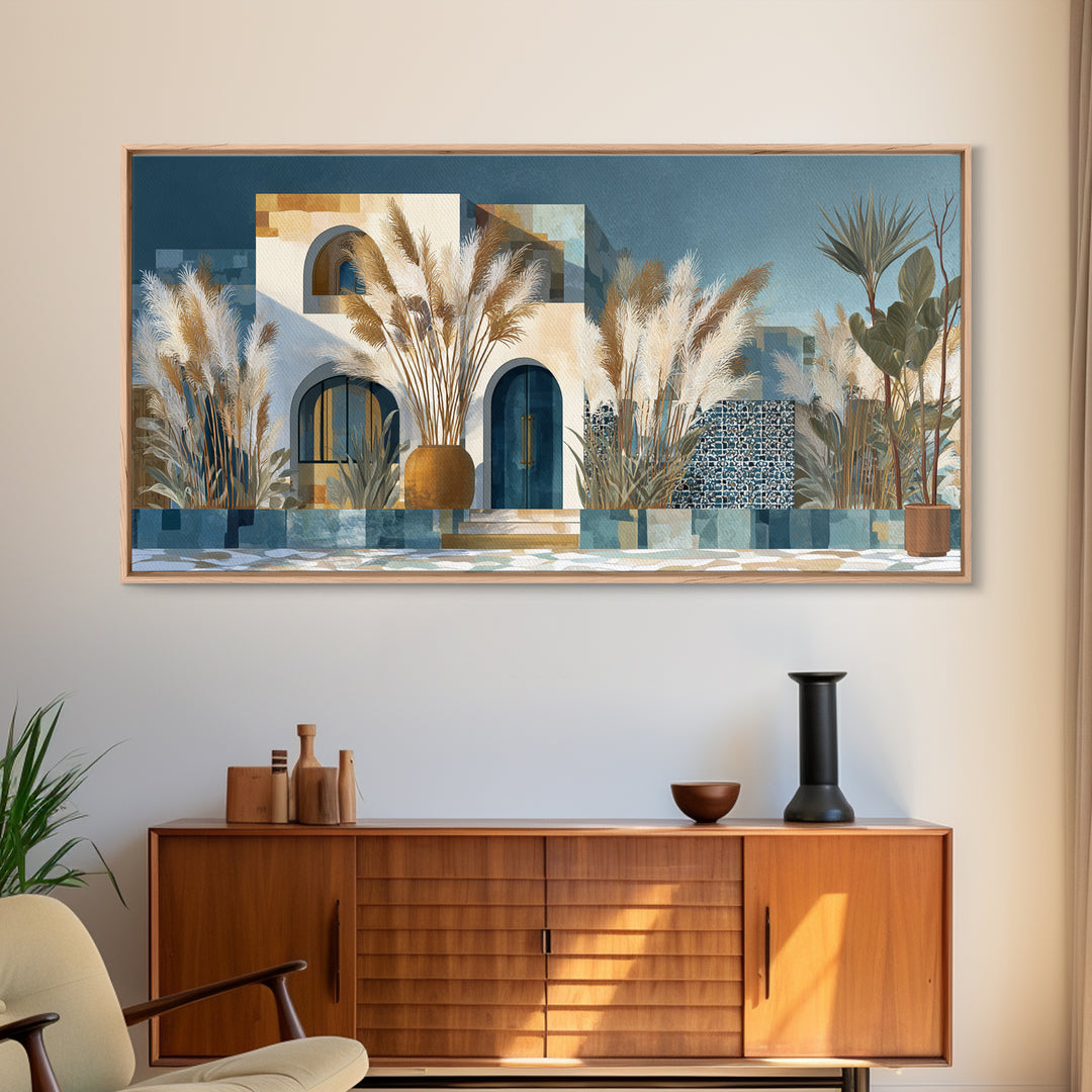Bohemian Vase with Dried Pampas Grass Framed Canvas Print, Boho Art, Art Nouveau, Living Room Decor, Watercolor Art, Bohemian, BOH-2x1-29
