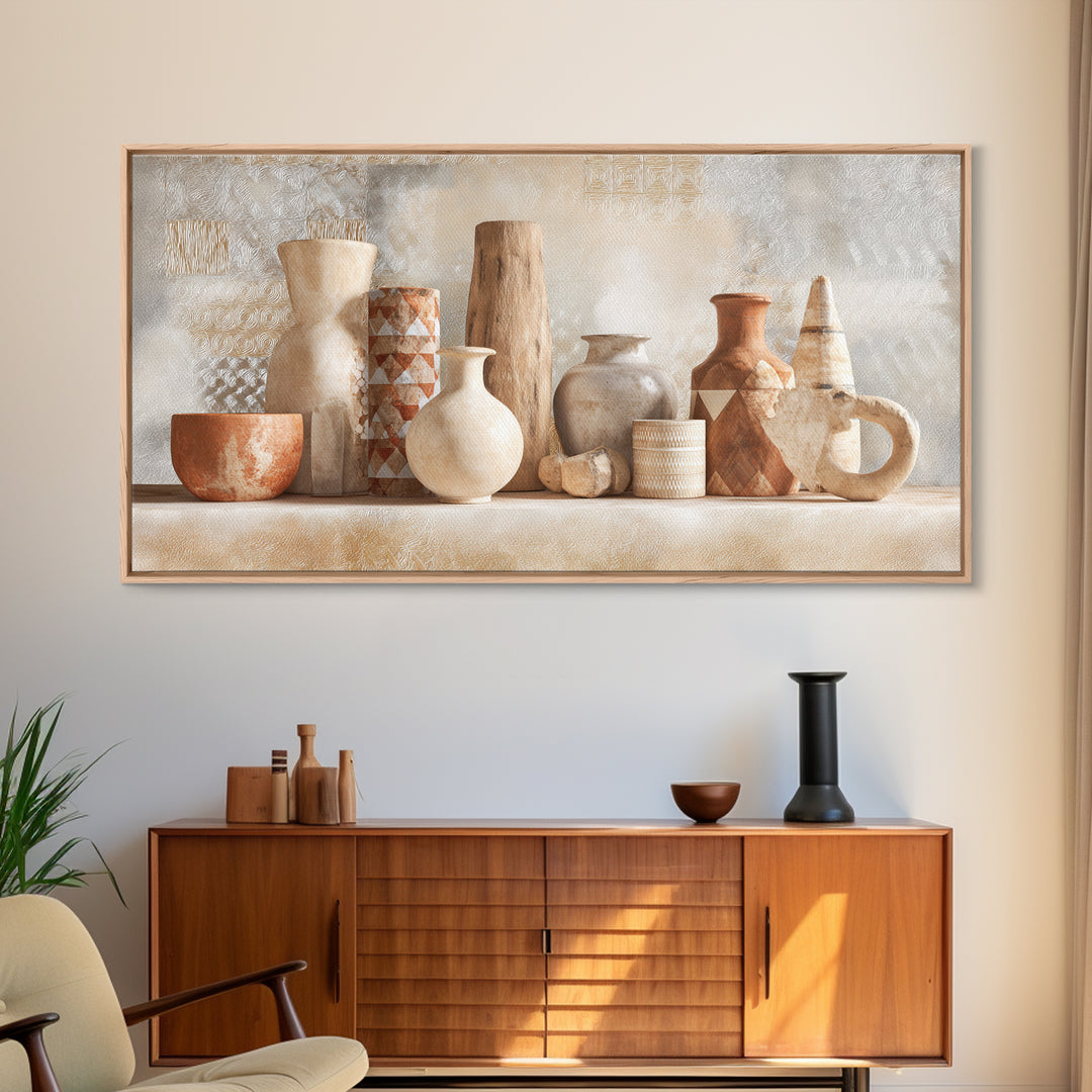 Tribal Neutral Pattern Framed Canvas Print, Boho Art, Prints, Living Room Decor, Fine Art, Bohemian, Abstract Art, Canvas Art, BOH-2x1-34