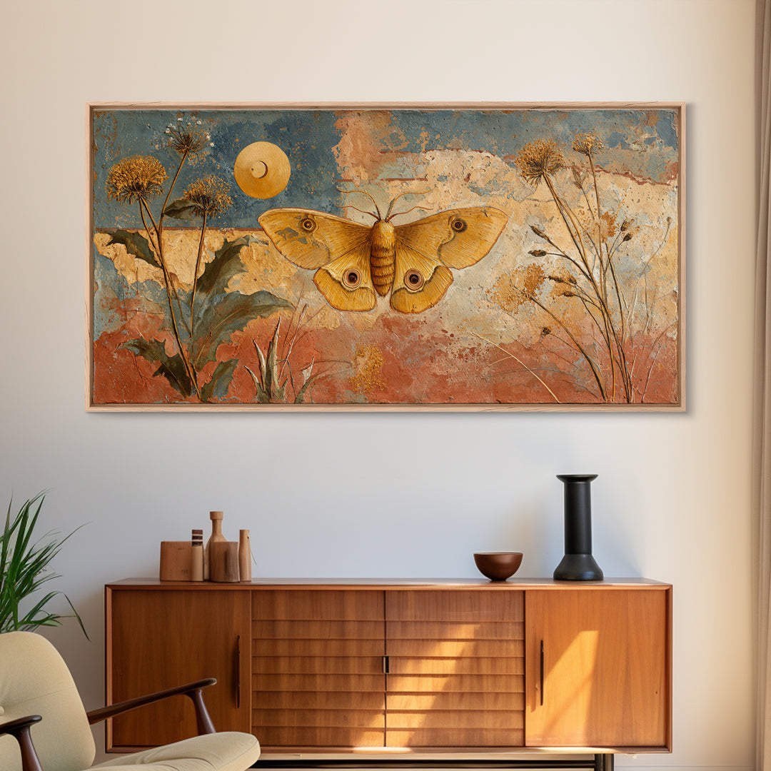Golden Moth with Moon and Stars Framed Canvas Print, Boho Art, Boho, Living Room Decor, Fine Art, Bohemian, Wall Art Print, BOH-2x1-37