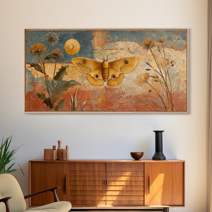 Golden Moth with Moon and Stars Framed Canvas Print, Boho Art, Boho, Living Room Decor, Fine Art, Bohemian, Wall Art Print, BOH-2x1-37