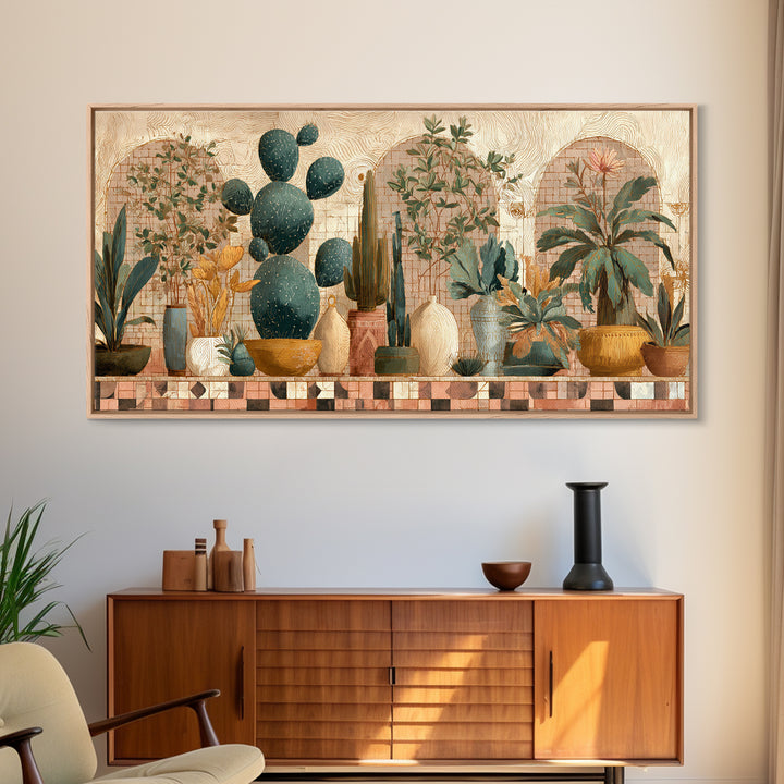 Warm Neutral Cactus Garden Illustration Framed Canvas Print, Boho Art, Living Room Decor, Watercolor Art, Bohemian, BOH-2x1-38