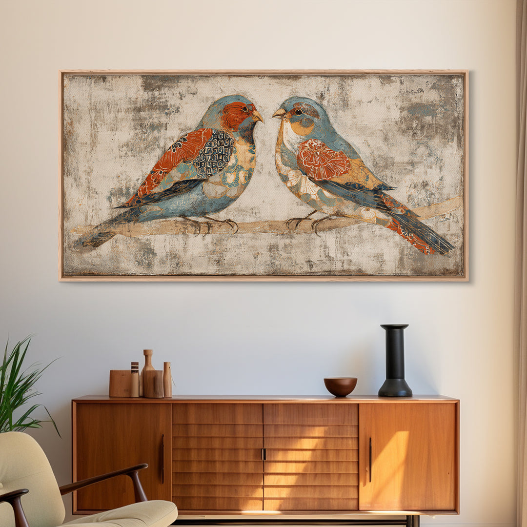 Boho Bird Pair Framed Canvas Print, Boho Art, Wall Decor, Living Room Decor, Fine Art, Bohemian, Art Nouveau, Abstract Art, BOH-2x1-40