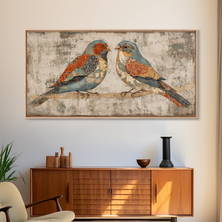 Boho Bird Pair Framed Canvas Print, Boho Art, Wall Decor, Living Room Decor, Fine Art, Bohemian, Art Nouveau, Abstract Art, BOH-2x1-40